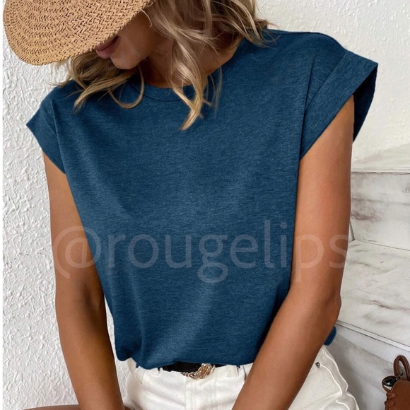 Blue Crew Neck Muscle Tee Top Shirt Cap Sleeve, Round Neck - Picture 1 of 11